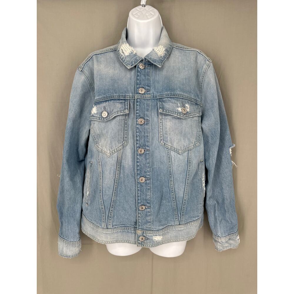 7 For All Mankind Jacket Women Medium Blue Denim Distressed Button Pockets Light